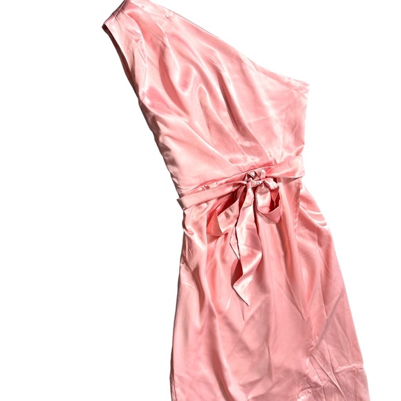 Women's Pink One Shoulder Midi High Low Breezy Unlined Bridesmaid Dress - Picture 2 of 9